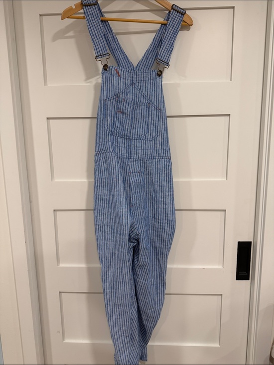 Faherty Pants - Faherty Light Blue Striped Linen Overalls size medium